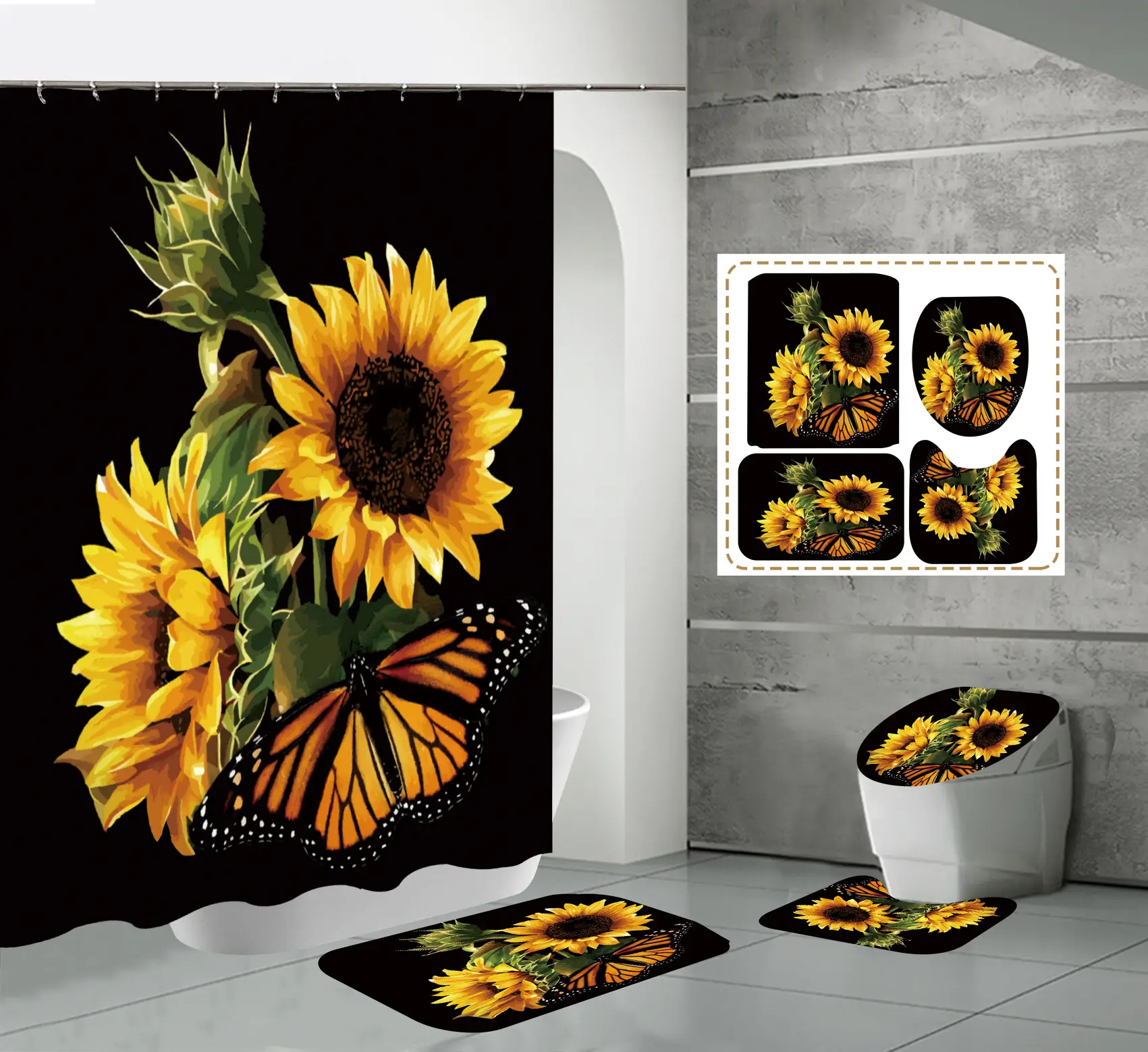 Sunflower Butterfly Shower Curtain Four-Piece Set Waterproof - Image 11