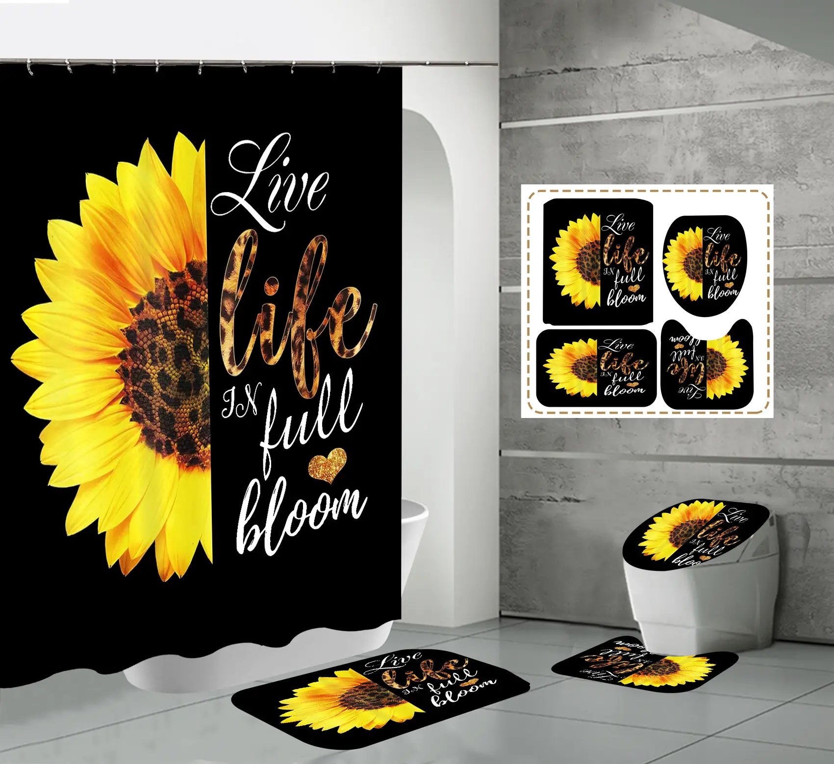 Sunflower Butterfly Shower Curtain Four-Piece Set Waterproof - Image 3