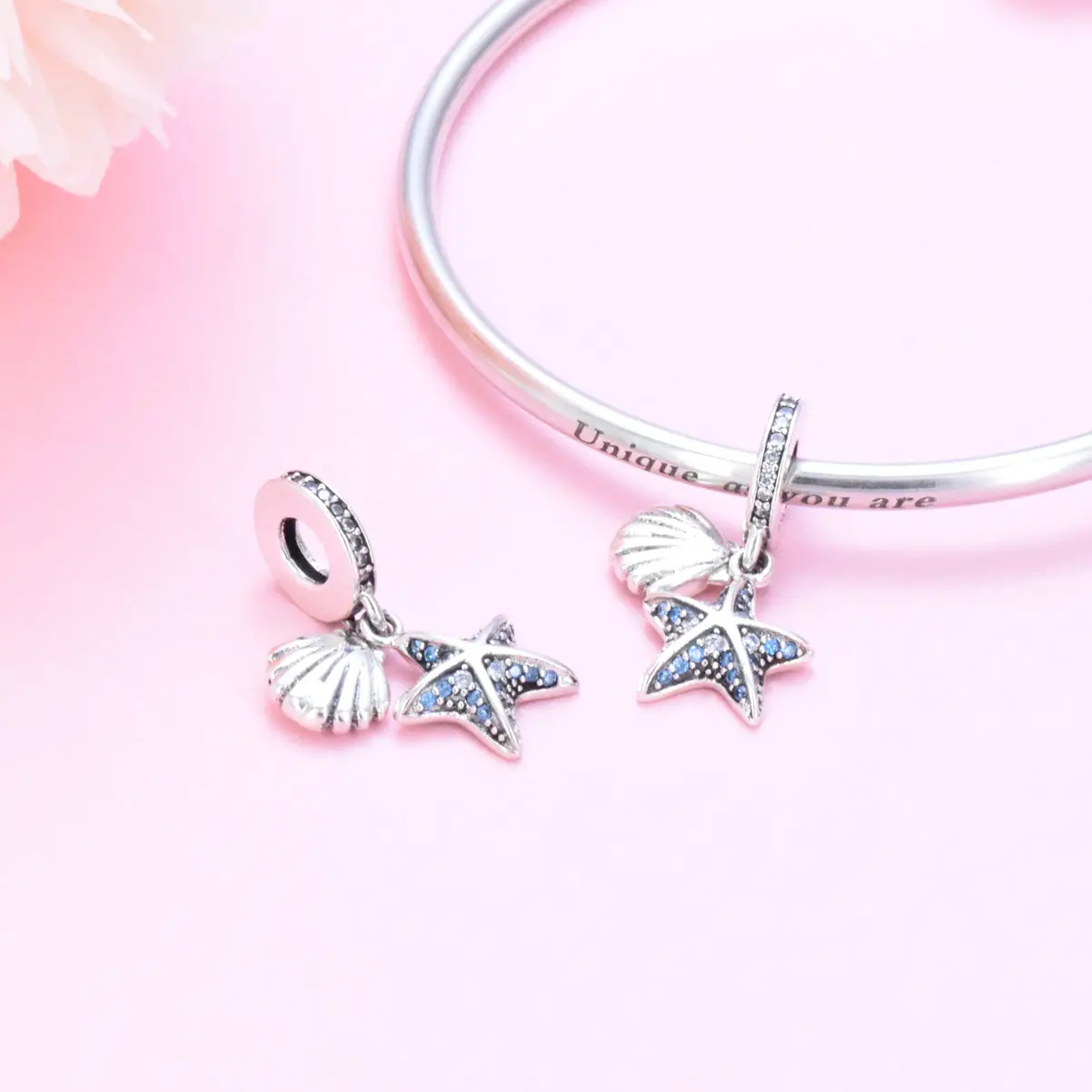 S925 Sterling Silver Starfish Pendant with Blue Beaded Starfish Pendant