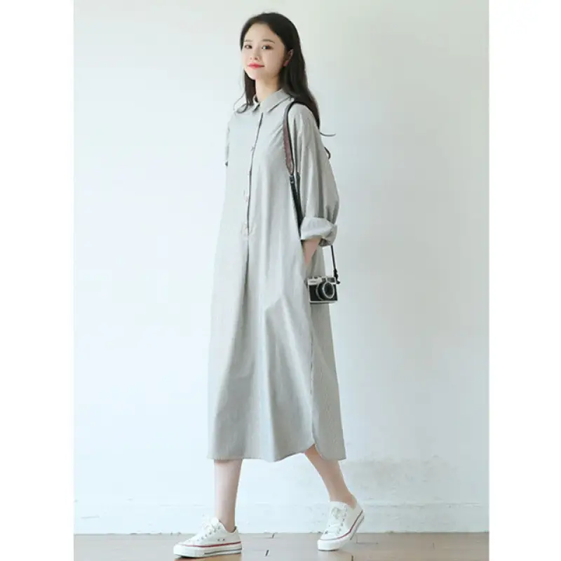 2025 Autumn Loose A-Line Striped Shirt Dress for Women - Image 4