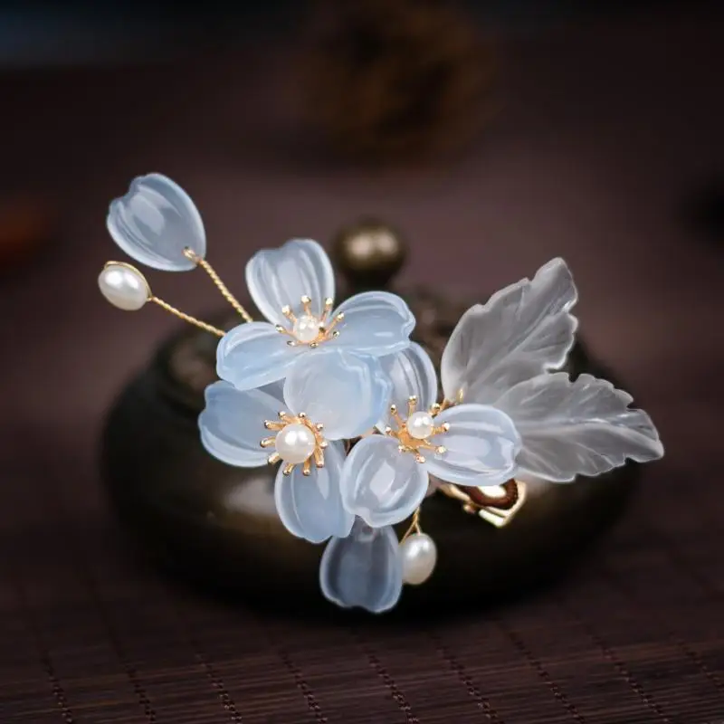 Blue Petal Hairpin with Pearl Accents