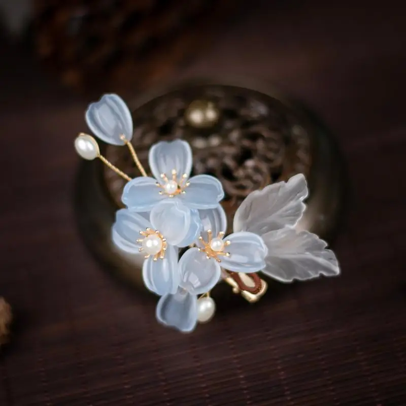 Blue Petal Hairpin with Pearl Accents