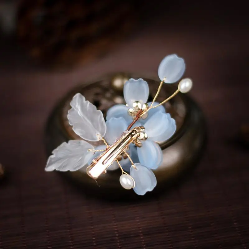 Blue Petal Hairpin with Pearl Accents