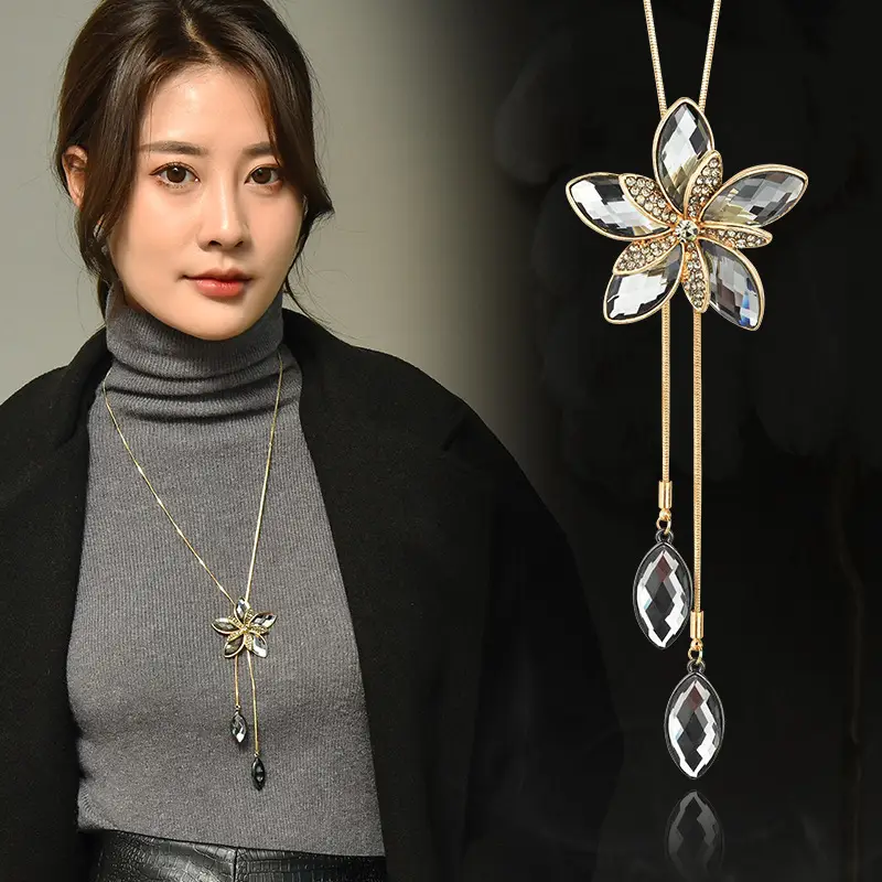 2022 Crystal Flower Necklace for Women Elegant Long Chain - Image 7
