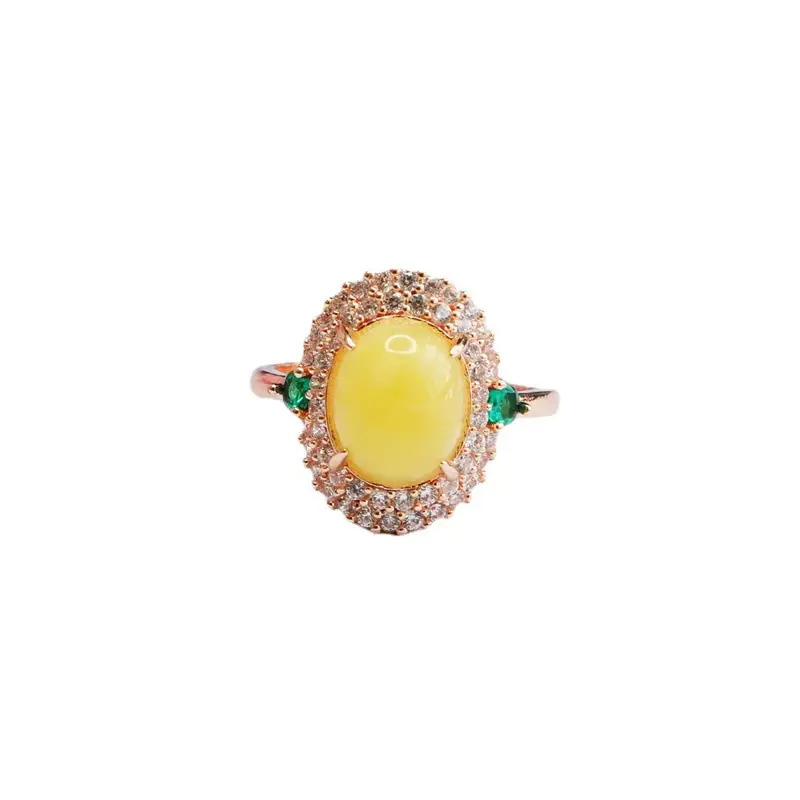 Guan Yu Yellow Amber Ring with Green Gemstone - Image 6