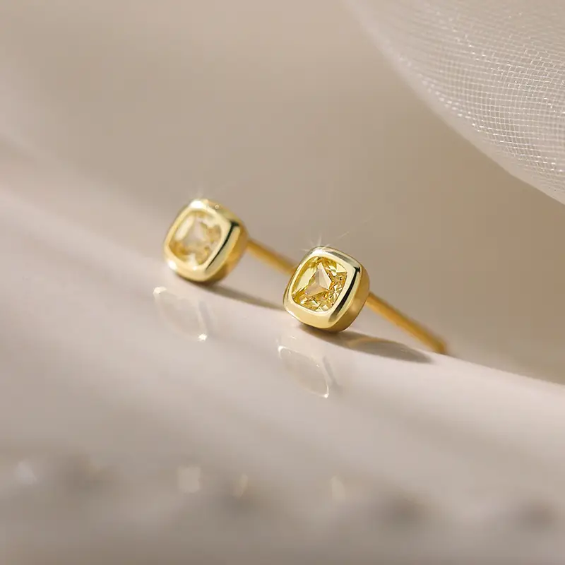 Yellow Diamond Square Stud Earrings for Women - Image 2