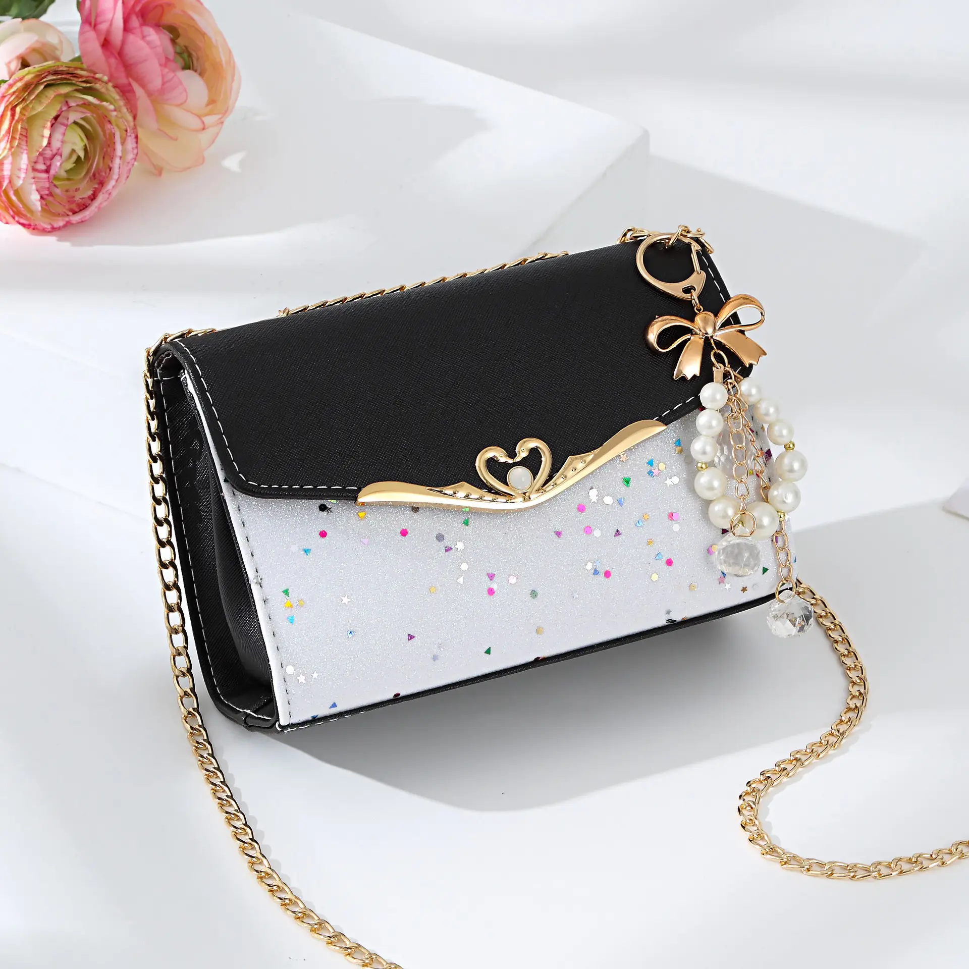 Women's Mini Crossbody Bag with Pearl Chain & Glitter Detail - Image 6