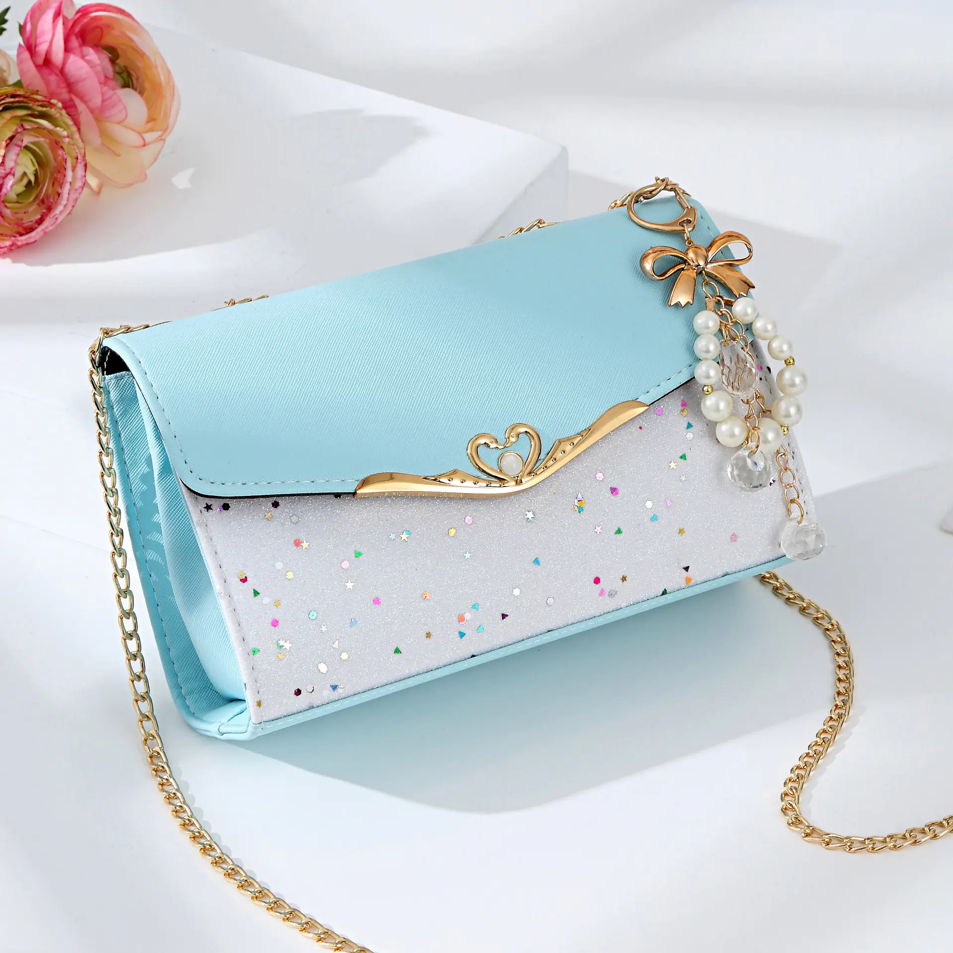 Women's Mini Crossbody Bag with Pearl Chain & Glitter Detail - Image 2