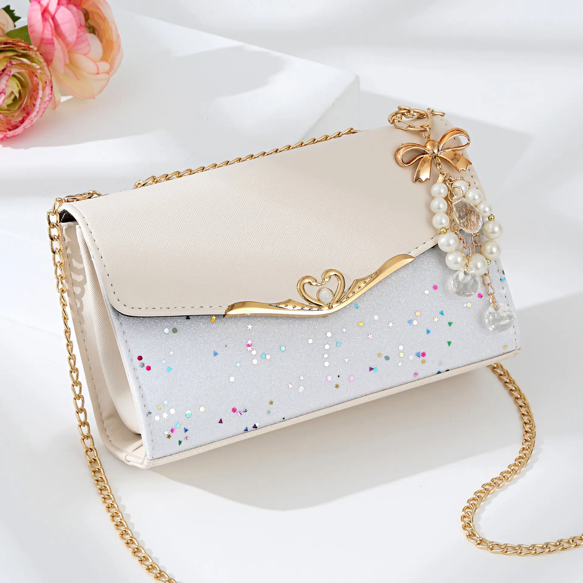 Women's Mini Crossbody Bag with Pearl Chain & Glitter Detail - Image 3