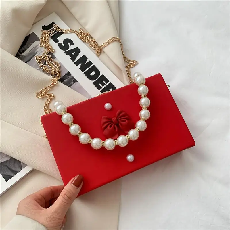 Pearl Chain Shoulder Bag Red Women's 2021 - Image 7