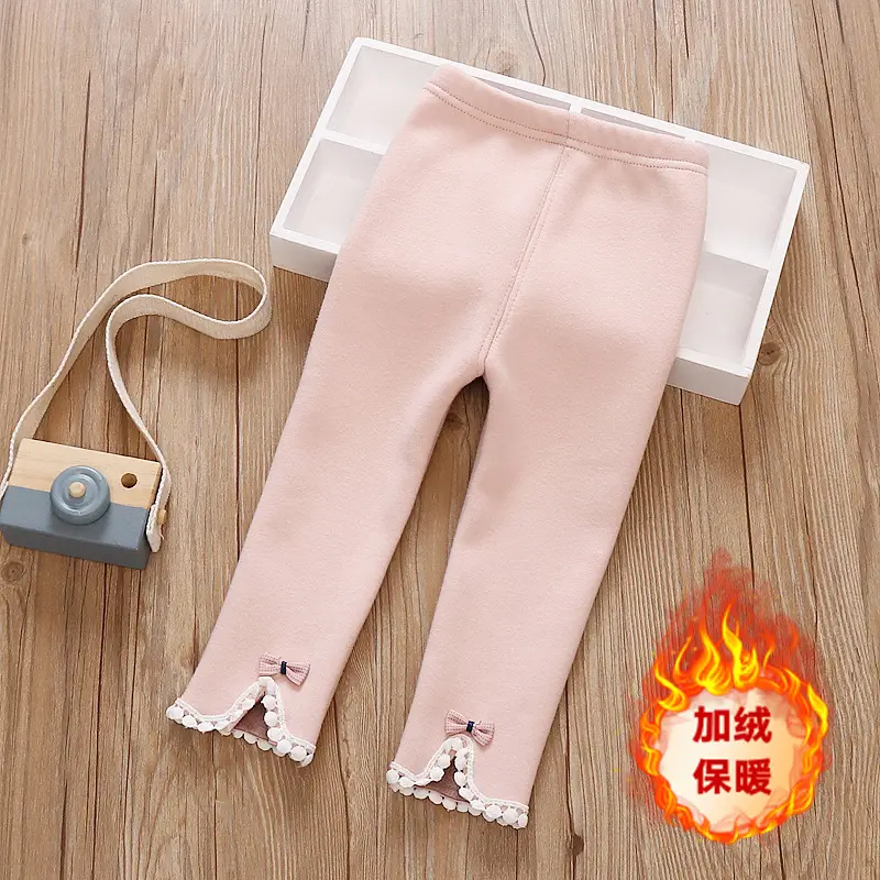 Girls Fleece Lined Winter Leggings with Bow Trim - Image 2