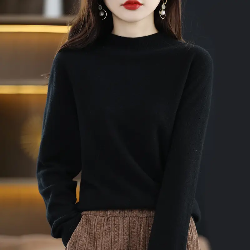 Women Black Knit Half Turtleneck Pullover Winter Warm - Image 14