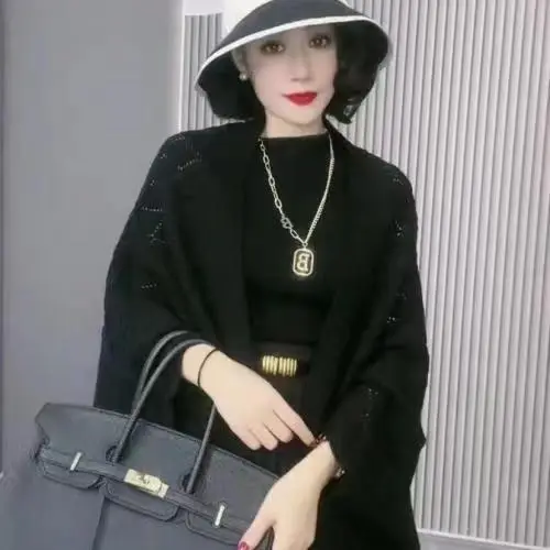 Women's Loose Hollow Cardigan Sweater with Black Handbag