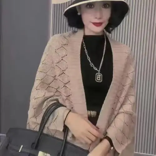 Women's Loose Hollow Cardigan Sweater with Black Handbag