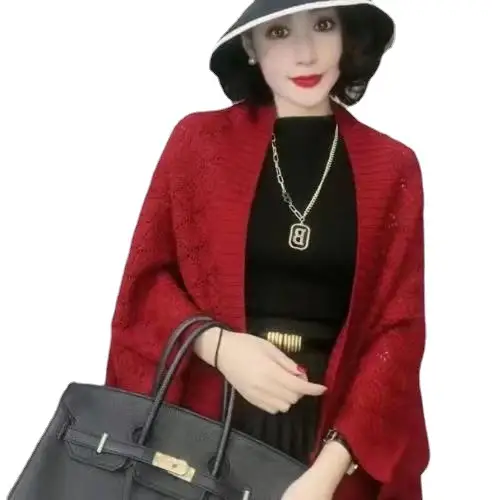 Women's Loose Hollow Cardigan Sweater with Black Handbag