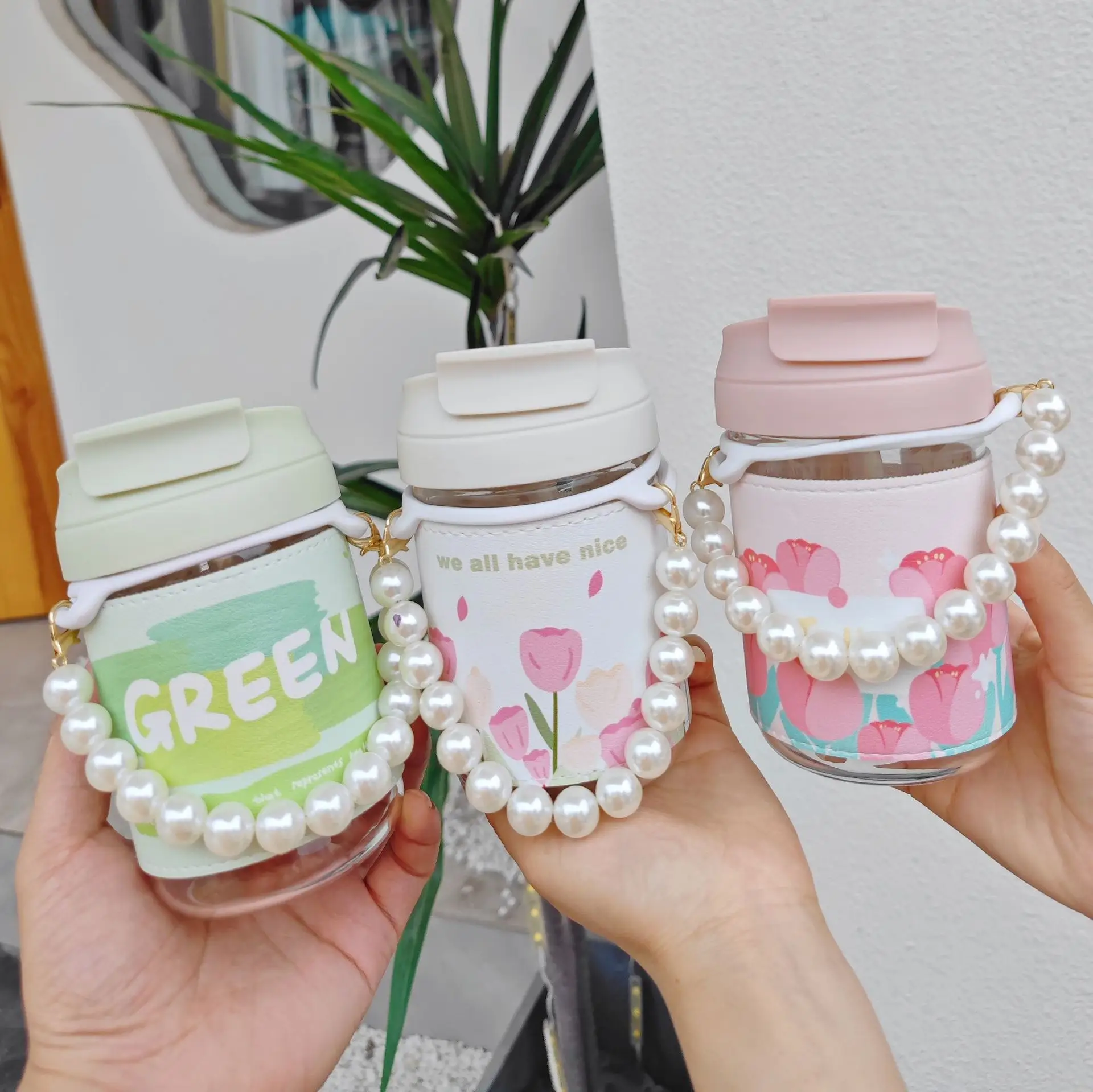 Pearl Chain Tulip Glass Water Cup for Girls