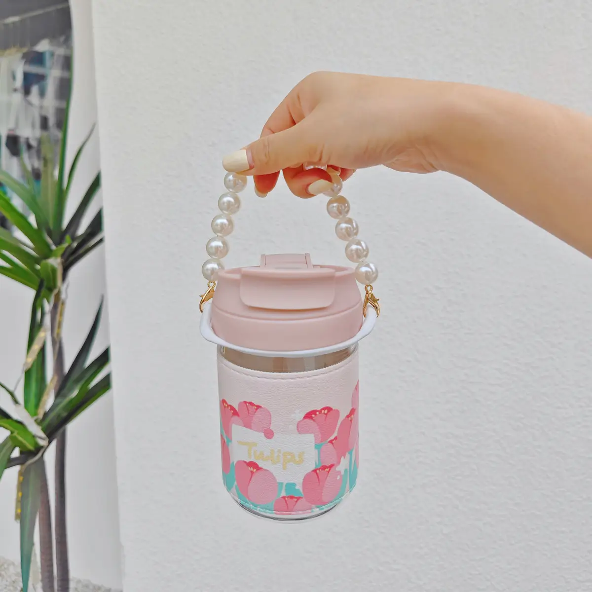 Pearl Chain Tulip Glass Water Cup for Girls