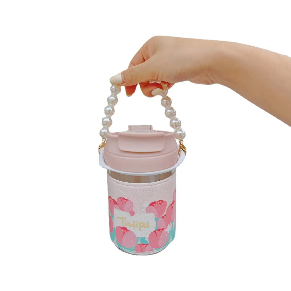 Pearl Chain Tulip Glass Water Cup for Girls