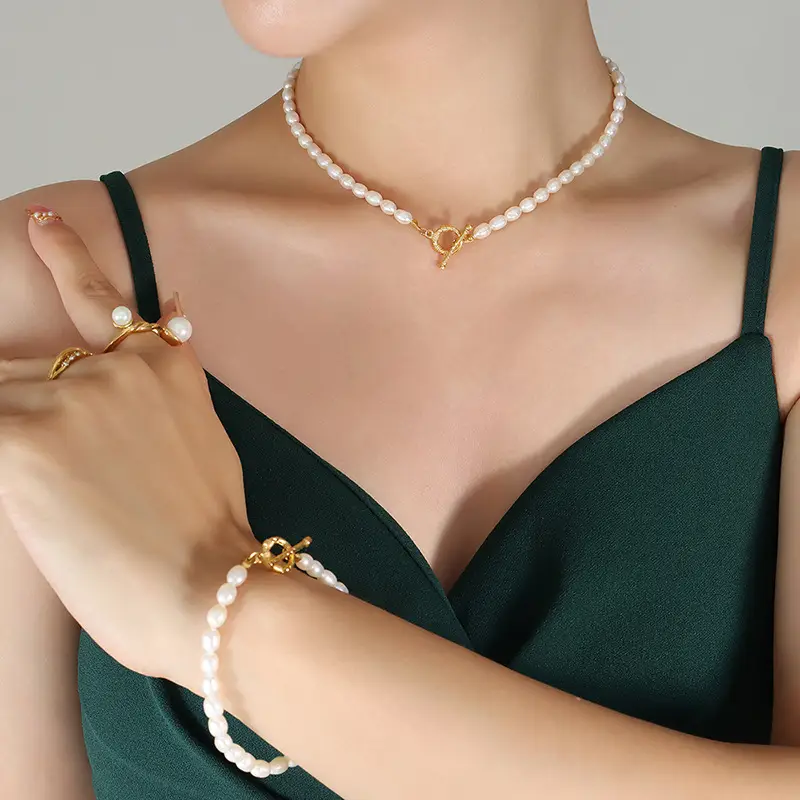 Pearl Necklace Set with Ot Buckle Bracelet for Women