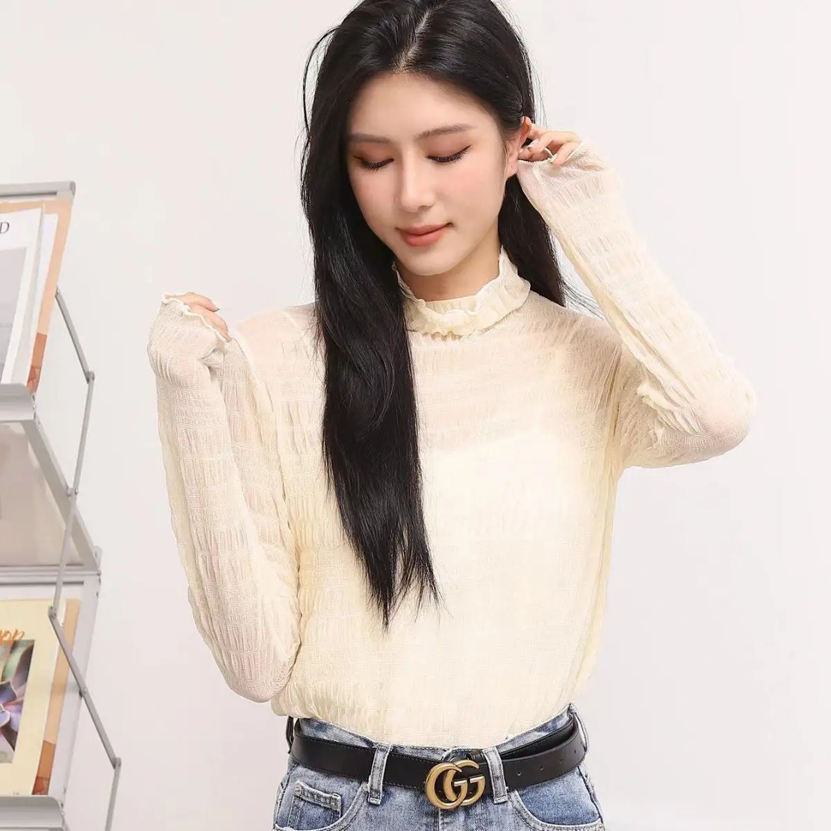 French Bubble Lace Shirt for Women Pure Color High Elastic Turtleneck - Image 5