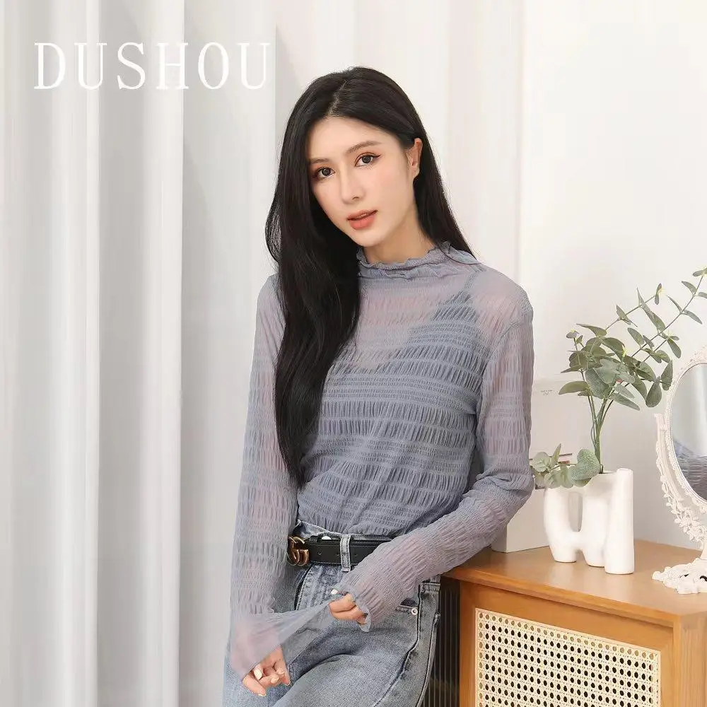 French Bubble Lace Shirt for Women Pure Color High Elastic Turtleneck - Image 7