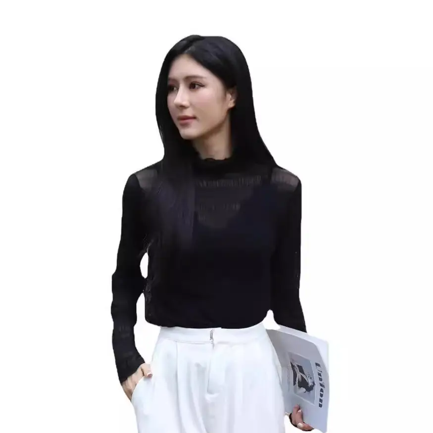 French Bubble Lace Shirt for Women Pure Color High Elastic Turtleneck - Image 8