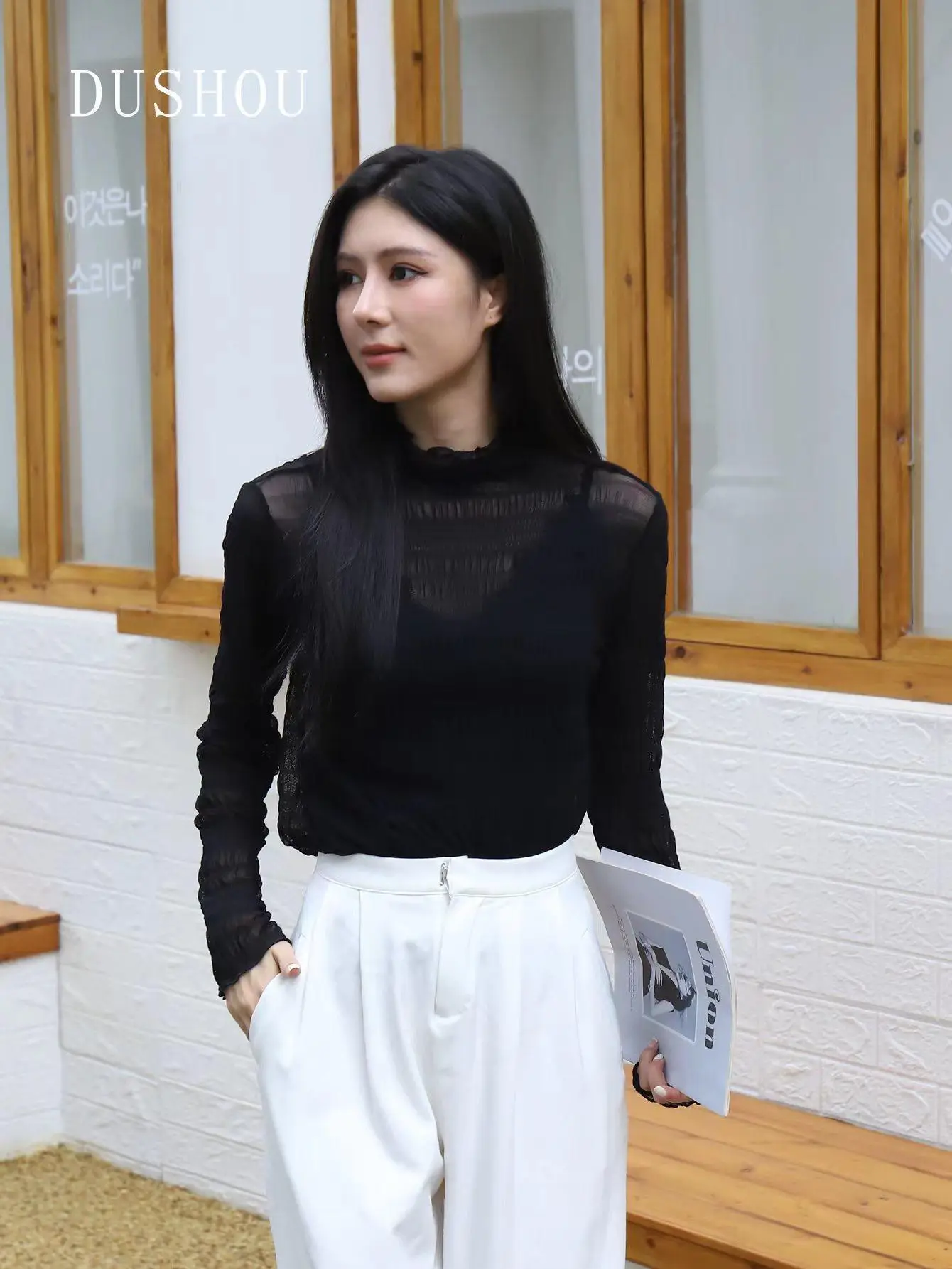 French Bubble Lace Shirt for Women Pure Color High Elastic Turtleneck - Image 2