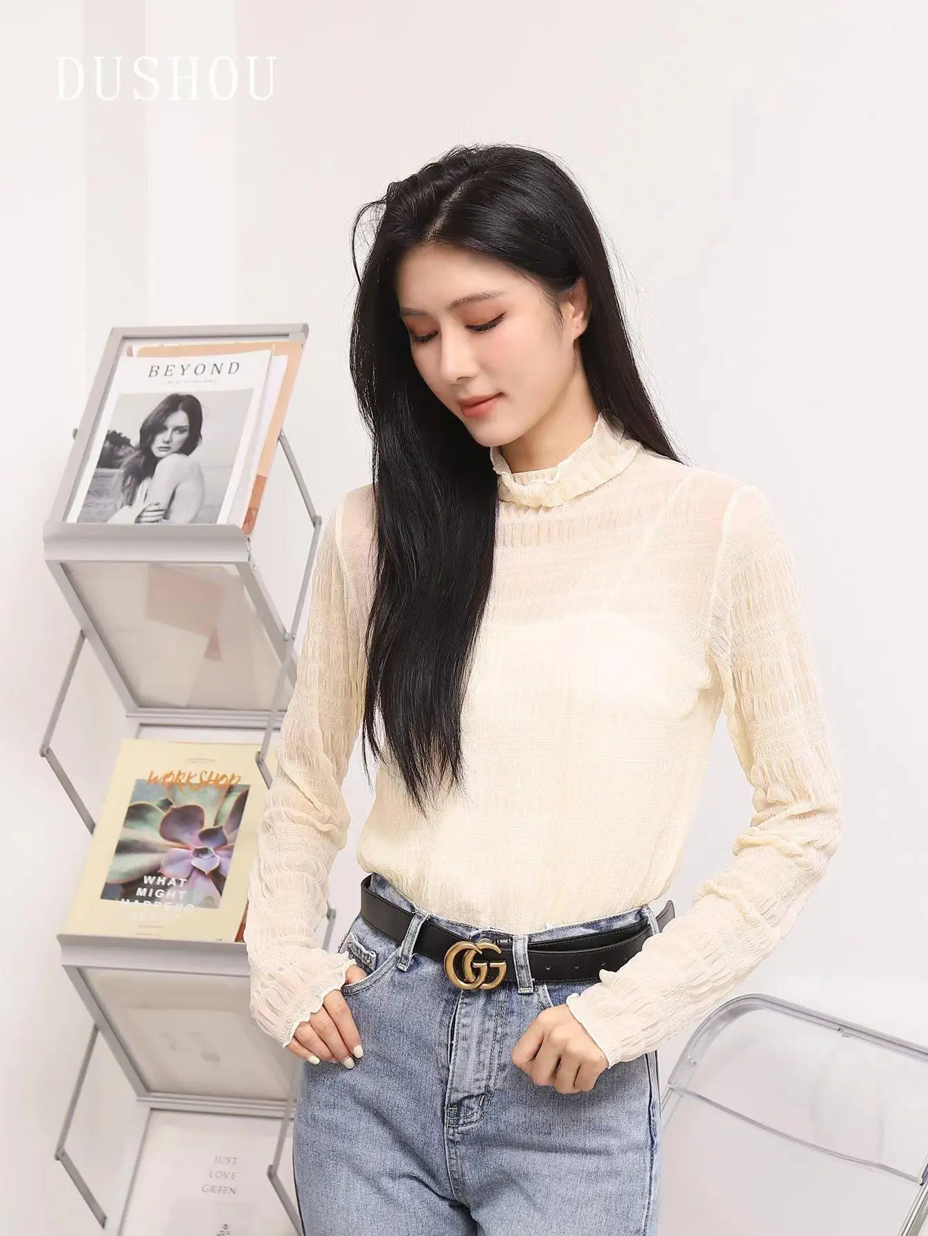 French Bubble Lace Shirt for Women Pure Color High Elastic Turtleneck - Image 3