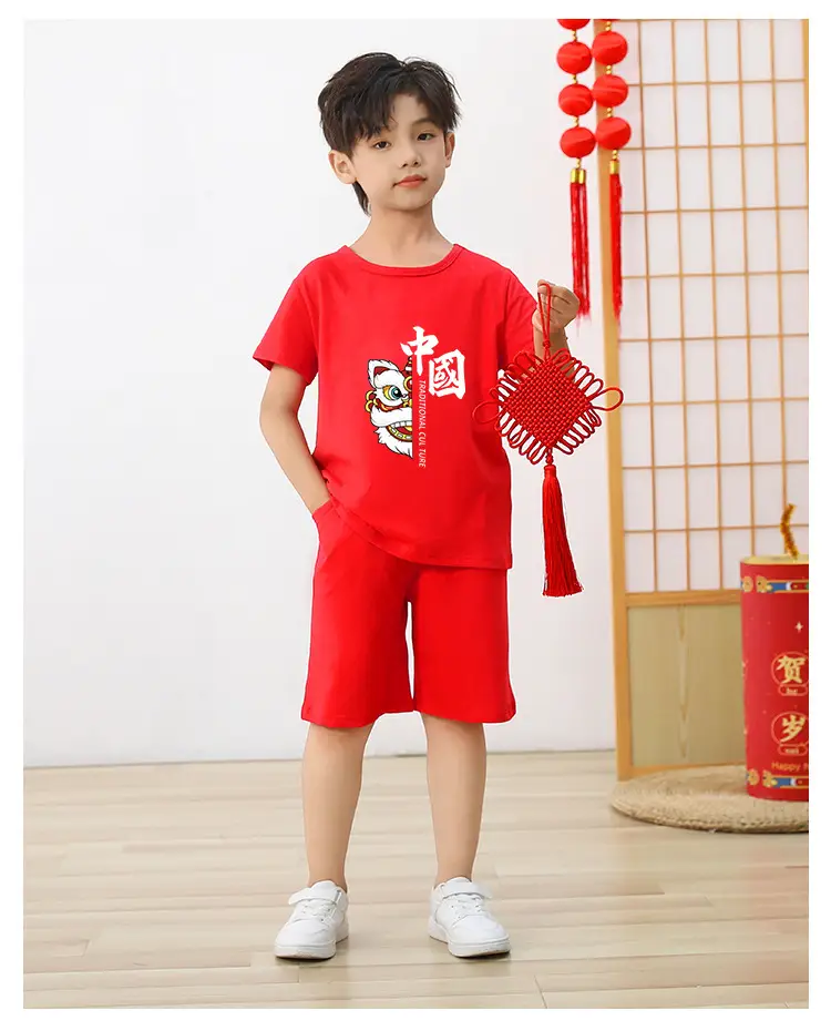 Bright Red New Year Kids Shorts Set for Girls Boys — feature 14