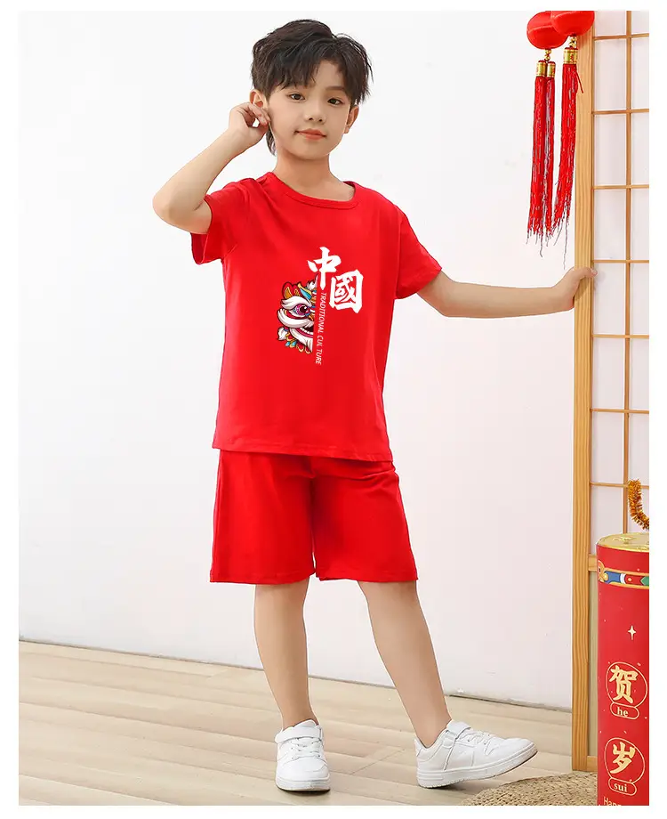 Bright Red New Year Kids Shorts Set for Girls Boys — feature 15