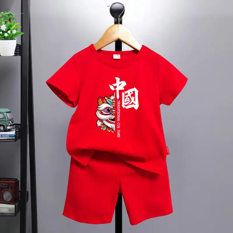 Bright Red New Year Kids Shorts Set for Girls Boys