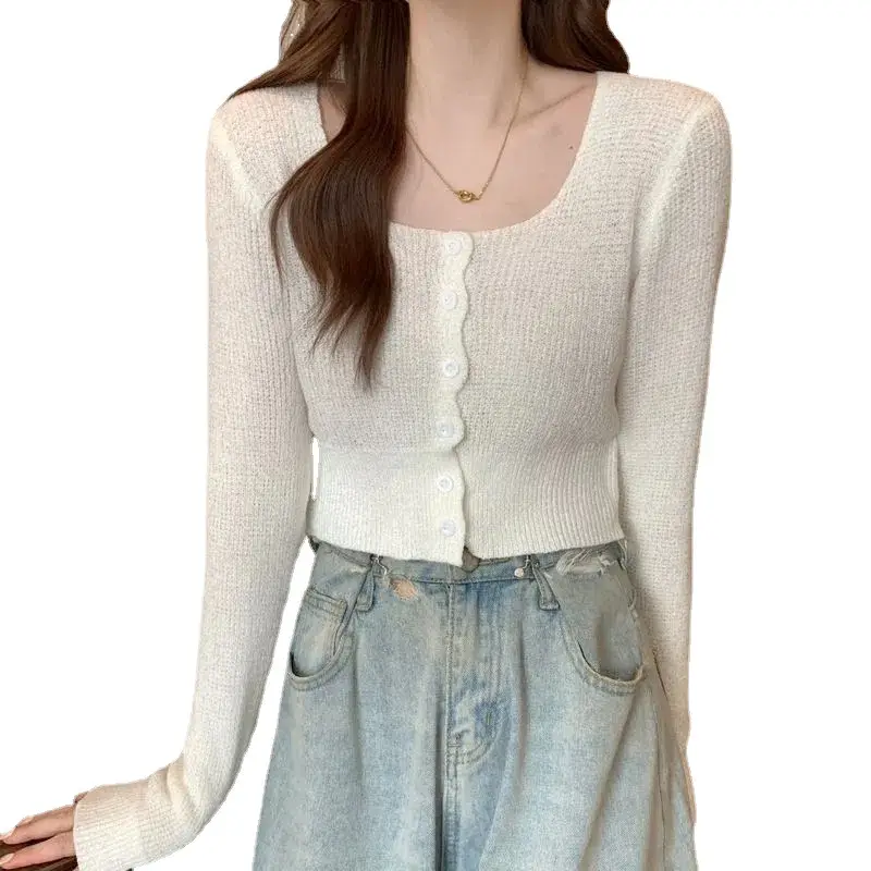 Women's Light Grey Knit Short Sleeve Top with Button Front - Image 8