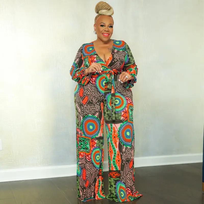 Printed Stretch Knitted Ethnic Jumpsuit Women Large - Image 9