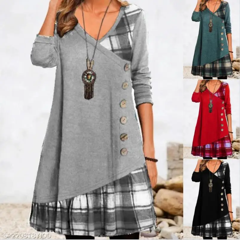 Women V-Neck Plaid Dress Autumn New Stitching Decorative Buckle - Image 5