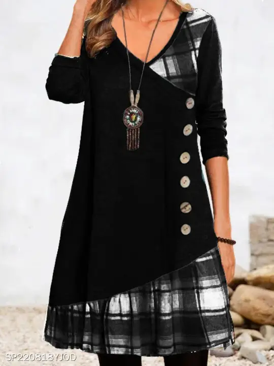 Women V-Neck Plaid Dress Autumn New Stitching Decorative Buckle - Image 2