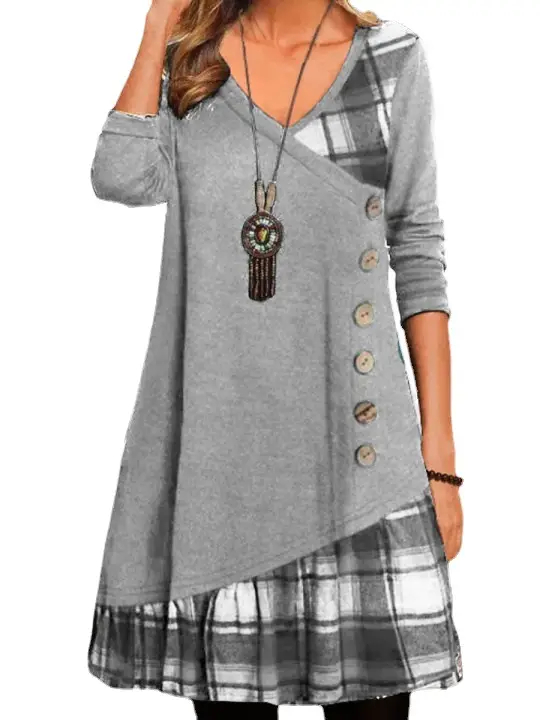 Women V-Neck Plaid Dress Autumn New Stitching Decorative Buckle - Image 6