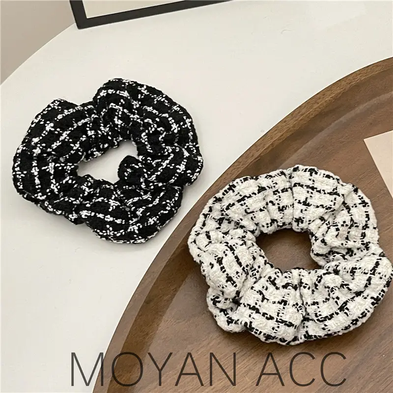 Korean Style Hair Ring Black White Plaid Thick Hair Flower Knitted Ponytail Plate - Image 4