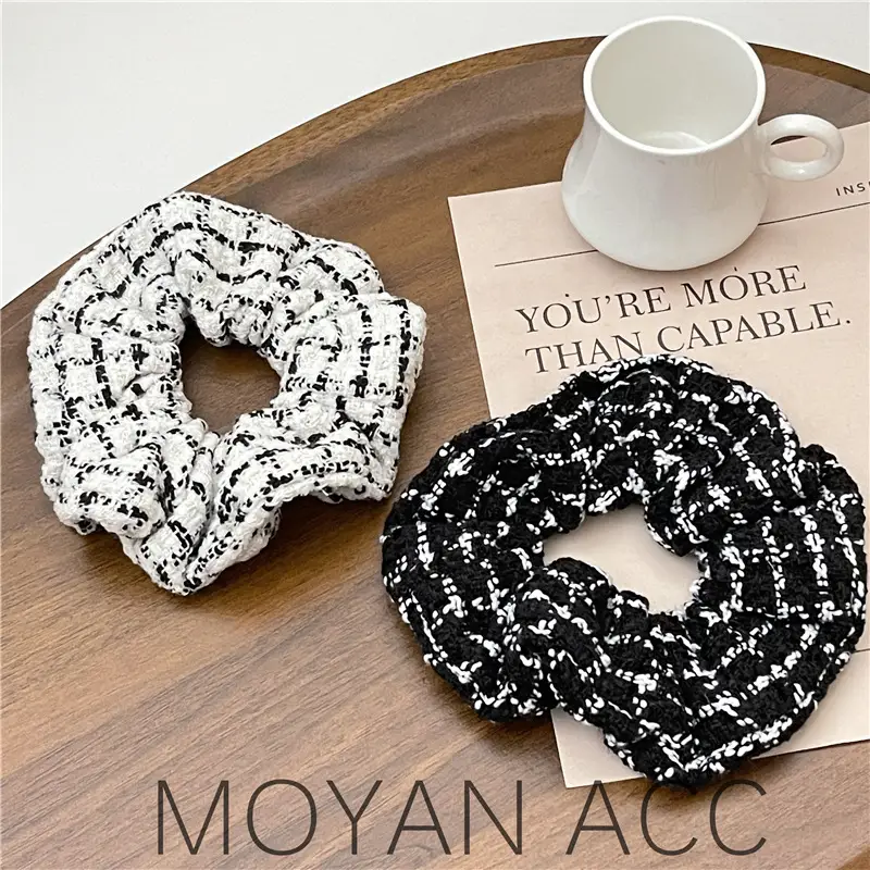 Korean Style Hair Ring Black White Plaid Thick Hair Flower Knitted Ponytail Plate - Image 6