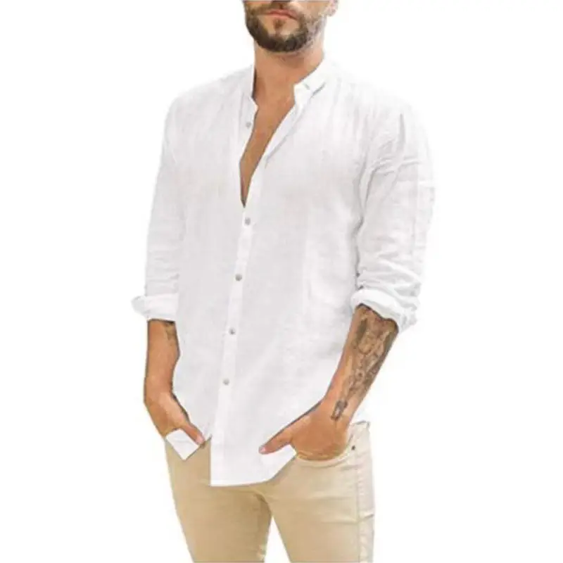 Men's White Crossbody Collar Shirt Long Sleeve Solid Color - Image 2