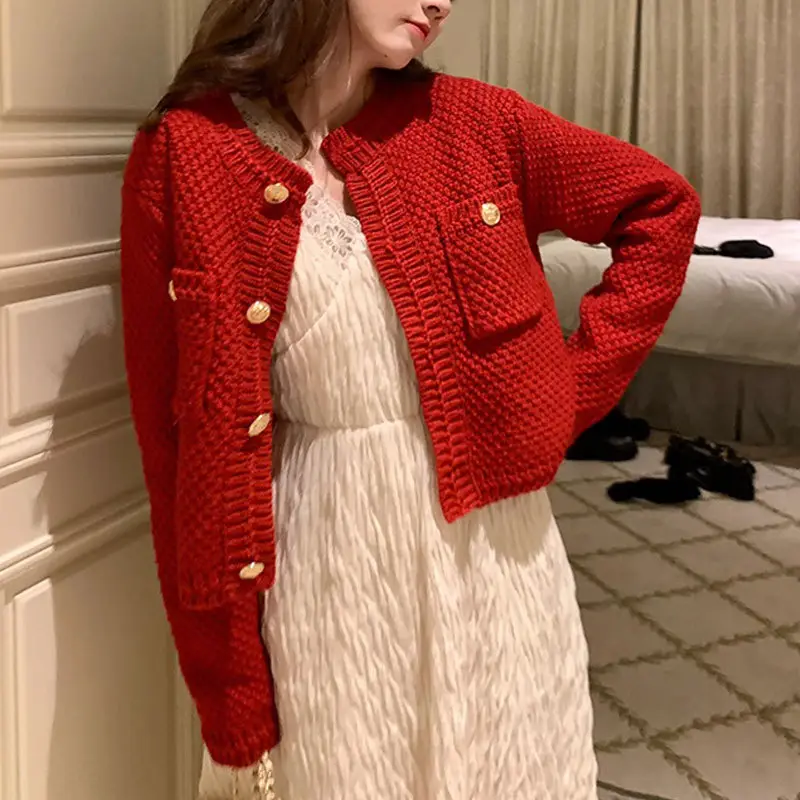 Women Red Knitted Sweater Coat 2023 Winter Cardigan - Image 8