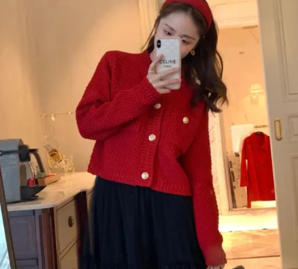 Women Red Knitted Sweater Coat 2023 Winter Cardigan — feature 2