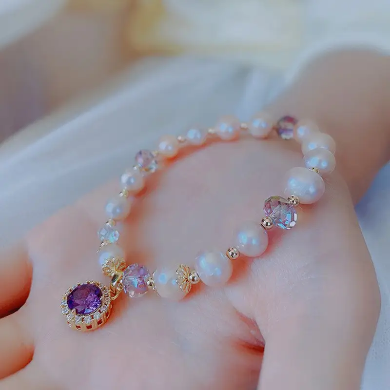 Natural Freshwater Pearl Bracelet Women's Champagne Cool Style Light Luxury Elegant Niche Design Amethyst Bracelet - Image 4