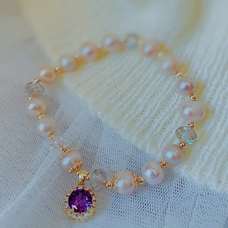 Natural Freshwater Pearl Bracelet Women's Champagne Cool Style Light Luxury Elegant Niche Design Amethyst Bracelet - Image 5