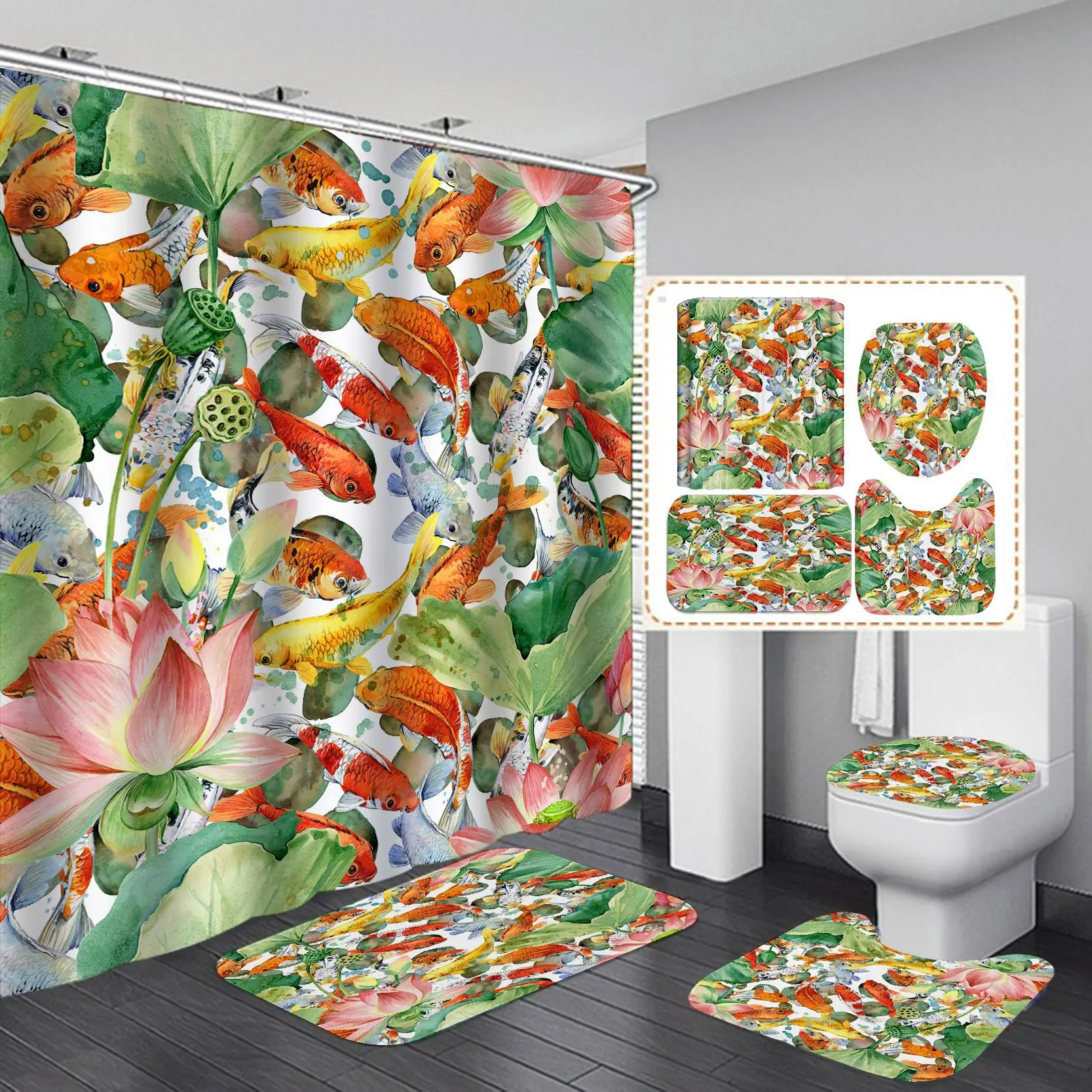 High-Def Fish Shower Curtain Set Waterproof Non-Perforated - Image 11