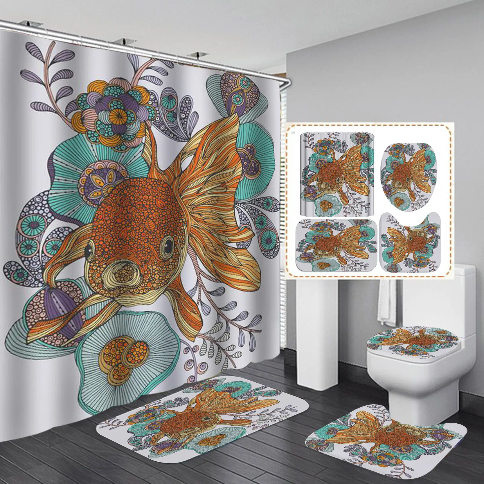 High-Def Fish Shower Curtain Set Waterproof Non-Perforated - Image 12