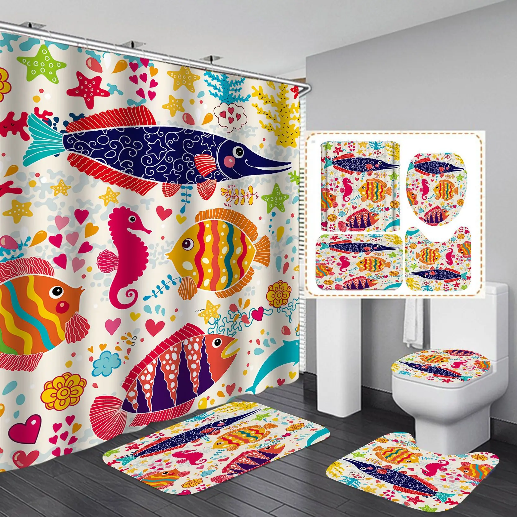 High-Def Fish Shower Curtain Set Waterproof Non-Perforated - Image 3