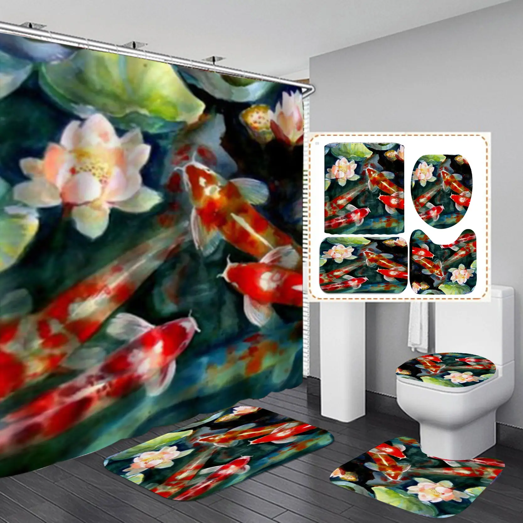 High-Def Fish Shower Curtain Set Waterproof Non-Perforated - Image 4