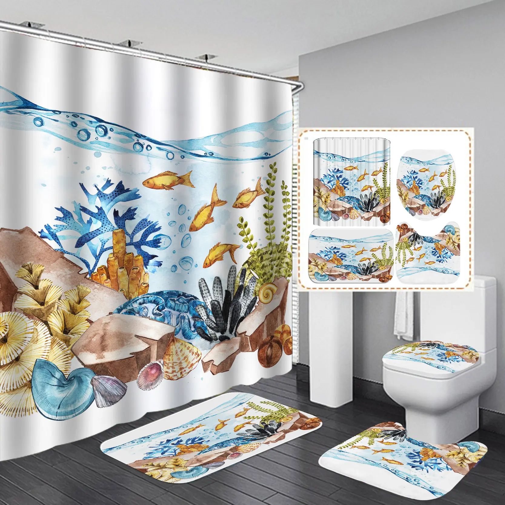 High-Def Fish Shower Curtain Set Waterproof Non-Perforated - Image 5