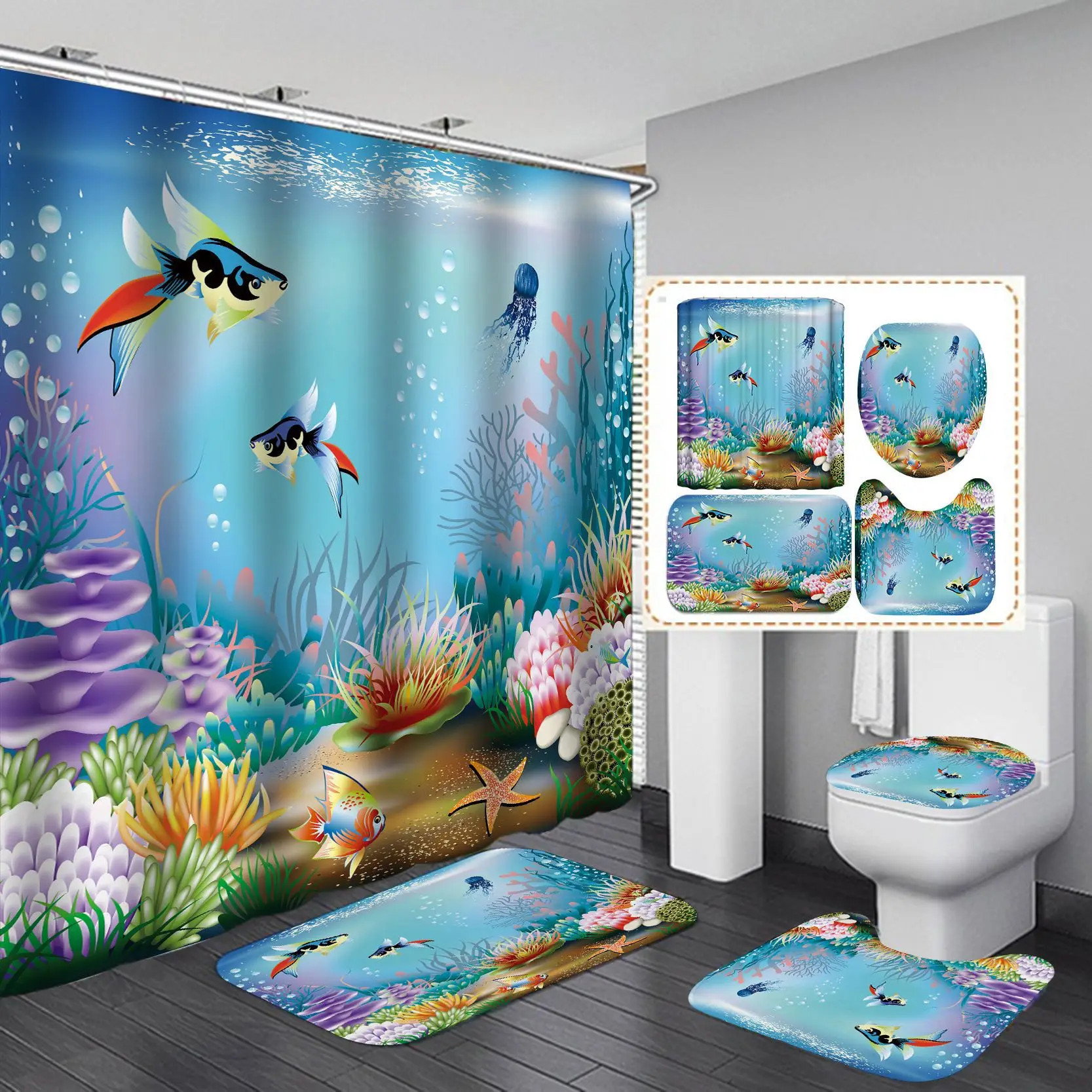 High-Def Fish Shower Curtain Set Waterproof Non-Perforated - Image 7