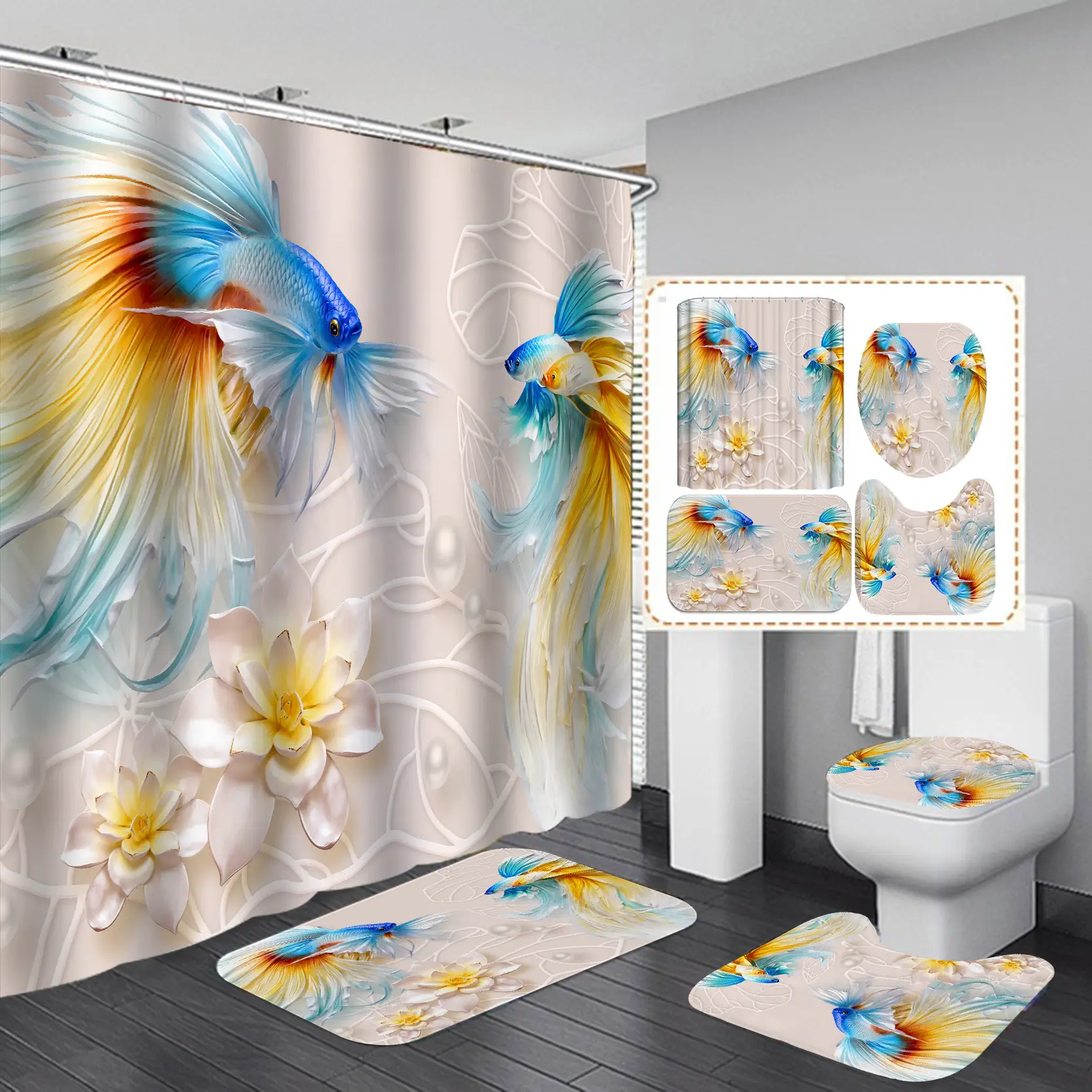 High-Def Fish Shower Curtain Set Waterproof Non-Perforated - Image 8